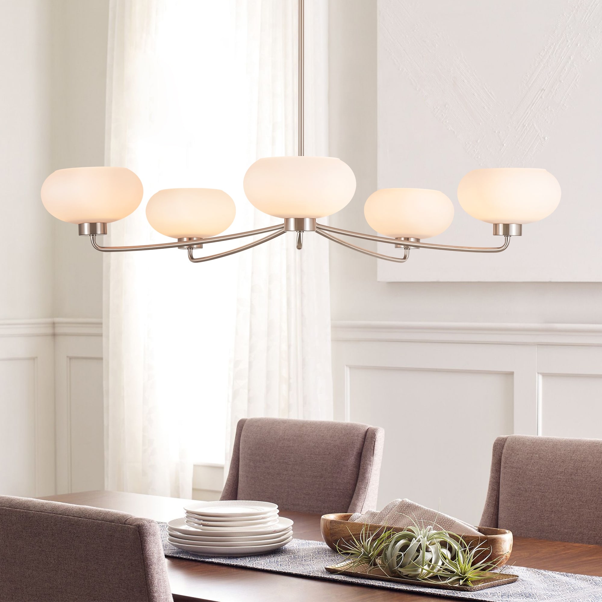Rennnsan 5-Light Satin Nickel Opal Glass Chandelier for Dining Room & Living Room - 43.3 in. W x 7.5 in. H