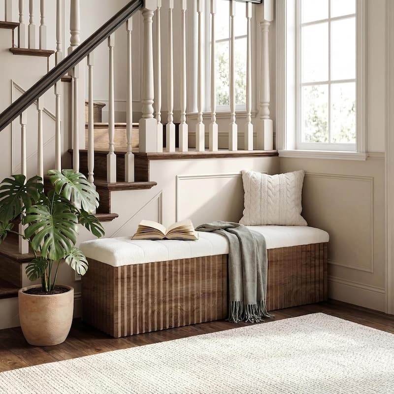 Upholstered End of Bed Storage Bench, 63" Farmhouse Wooden Entryway Bench with Cushion, Padded Ottoman - Brown & White