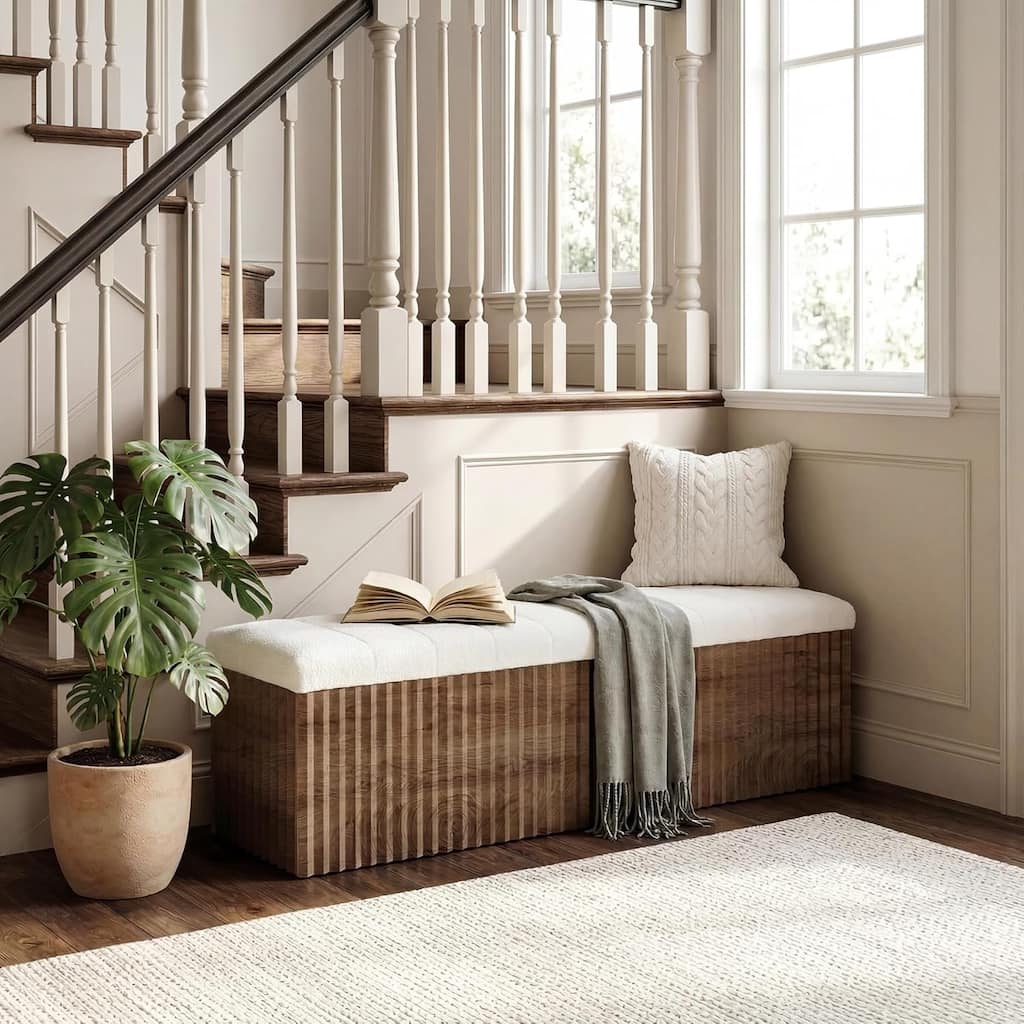 Upholstered End of Bed Storage Bench, 63" Farmhouse Wooden Entryway Bench with Cushion, Padded Ottoman