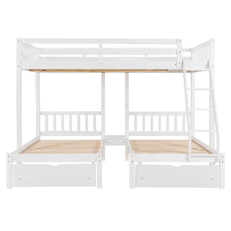 Full Over Twin & Twin Bunk Bed, Wood Triple Bunk Bed with Drawers and Guardrails