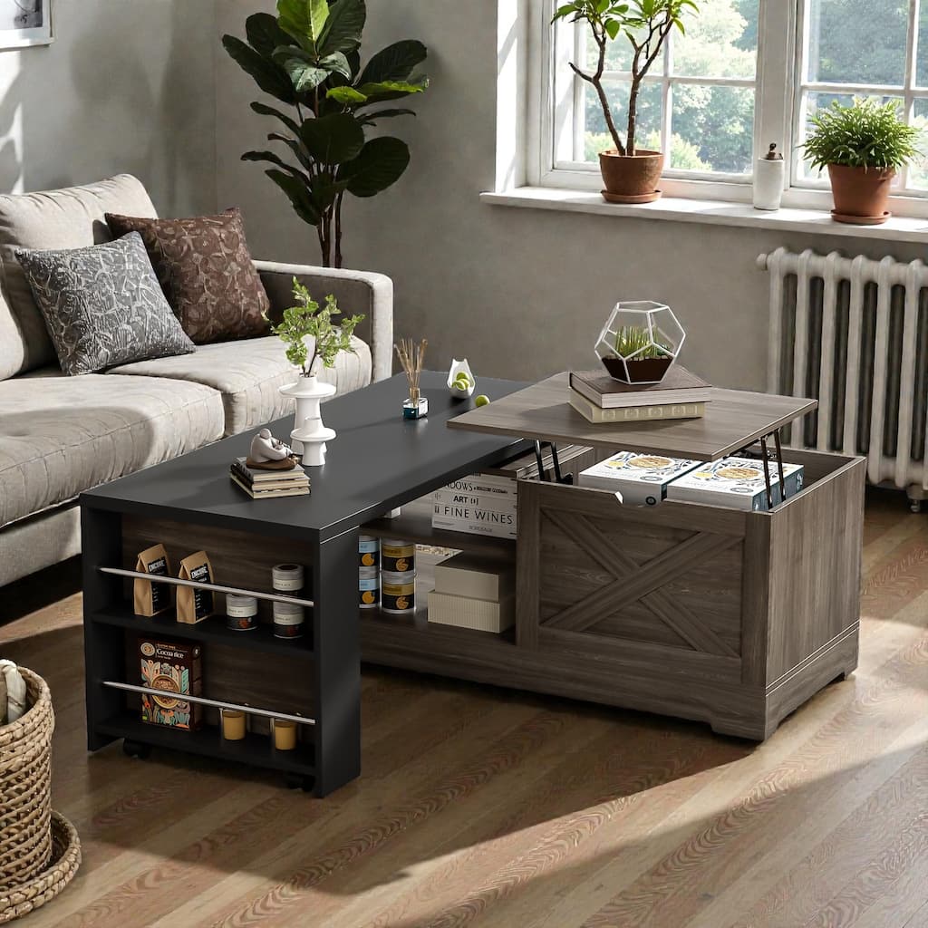Farmhouse Lift Top Coffee Table with Barn Doors, Rotating Wood Center Table with Hidden Storage and Open Shelves