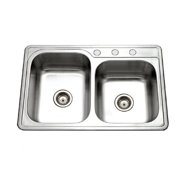 slide 2 of 8, Houzer Glowtone 33" Stainless Steel Topmount 3-hole 60/40 Double Bowl Kitchen Sink with Strainers & Grids - 33" x 22" 33" x 22" - Stainless Steel