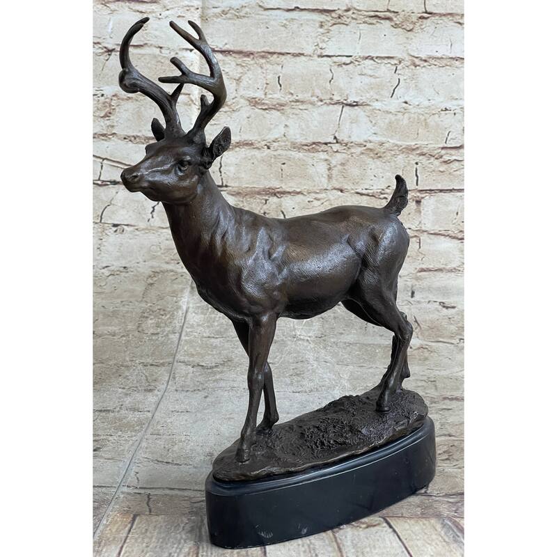Signed Villanis Male Deer Buck Hunting Bronze Sculpture Marble Figurine Figure