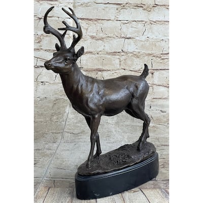 Signed Villanis Male Deer Buck Hunting Bronze Sculpture Marble Figurine Figure