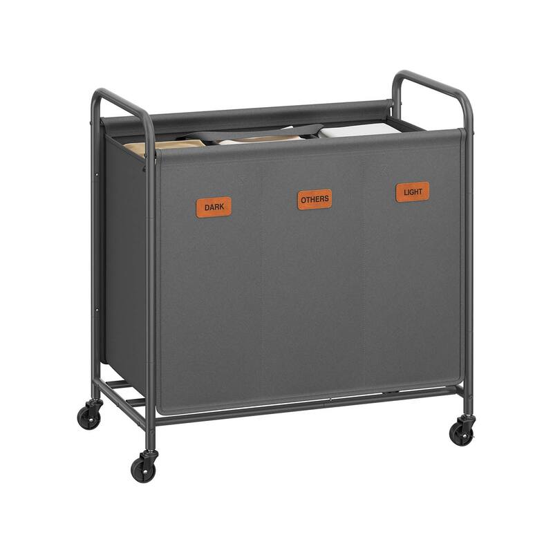 Slate Gray 3-Section Laundry Sorter with Wheels Durable Steel & Oxford Fabric Hamper - 170L