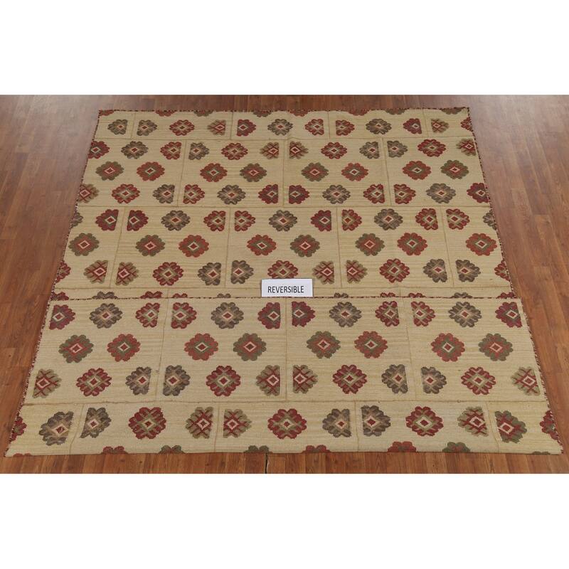 Kilim Oriental Area Rug Hand-Woven Beige Wool Carpet - 7'6"x 9'10"