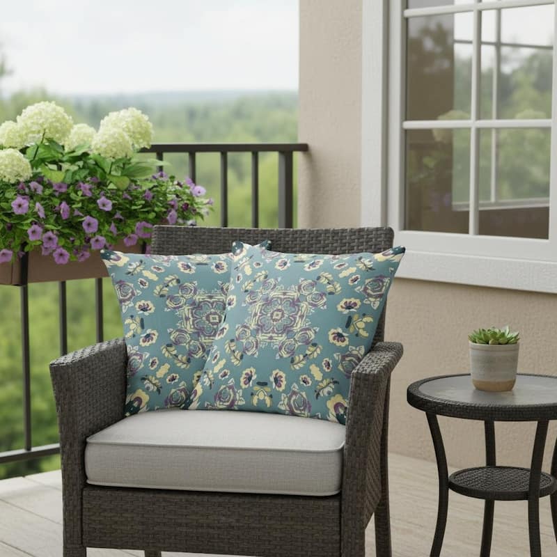 HomeRoots Set of Two 16" X 16" Green and Red Blown Seam Floral Indoor Outdoor Throw Pillow - 16.00' X '16.00' X '5.00