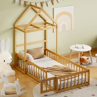 Twin Size Wooden Bed with Detachable House Headboard, Fence Railings, and Integrated Kids Dress-Up Rack