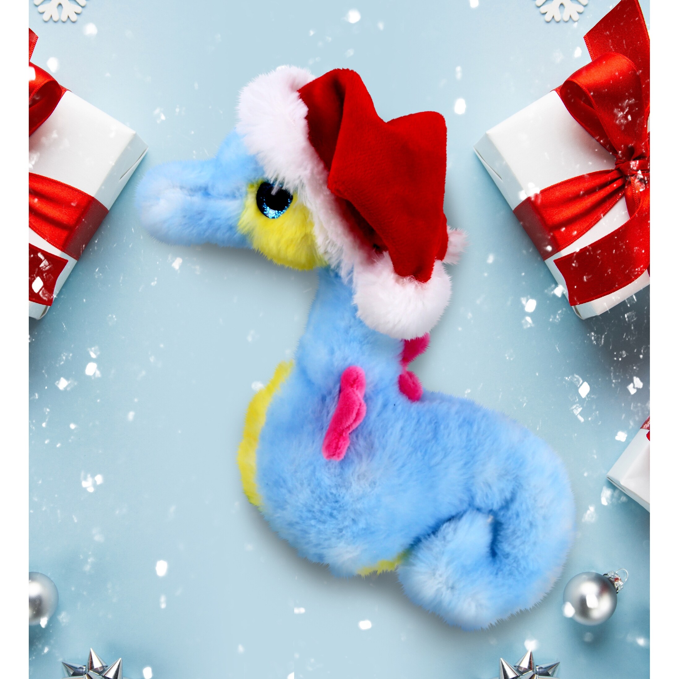 DolliBu Santa Blue Seahorse Stuffed Animal Plush Toy with Santa Outfit 8.5 inches Polyester