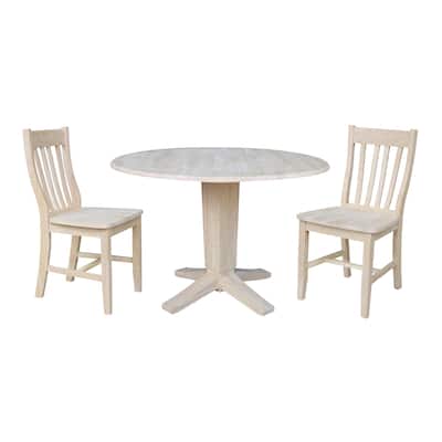 42 in Solid Wood Round Drop Leaf Pedestal Table with Dining Chairs in Unfinished