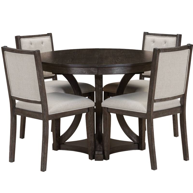 5-Piece Retro Dining Table Set with Extendable Round Table and 4 Upholstered Chairs