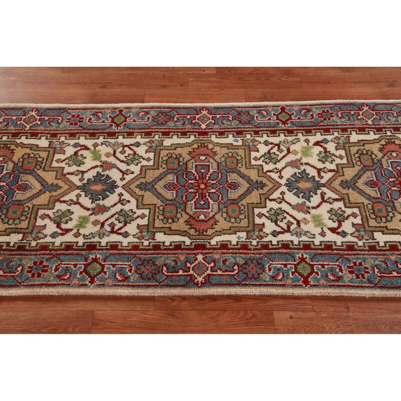Ivory Heriz Serapi Indian Runner Rug Hand-Knotted Wool Carpet - 2'5"x 8'0"