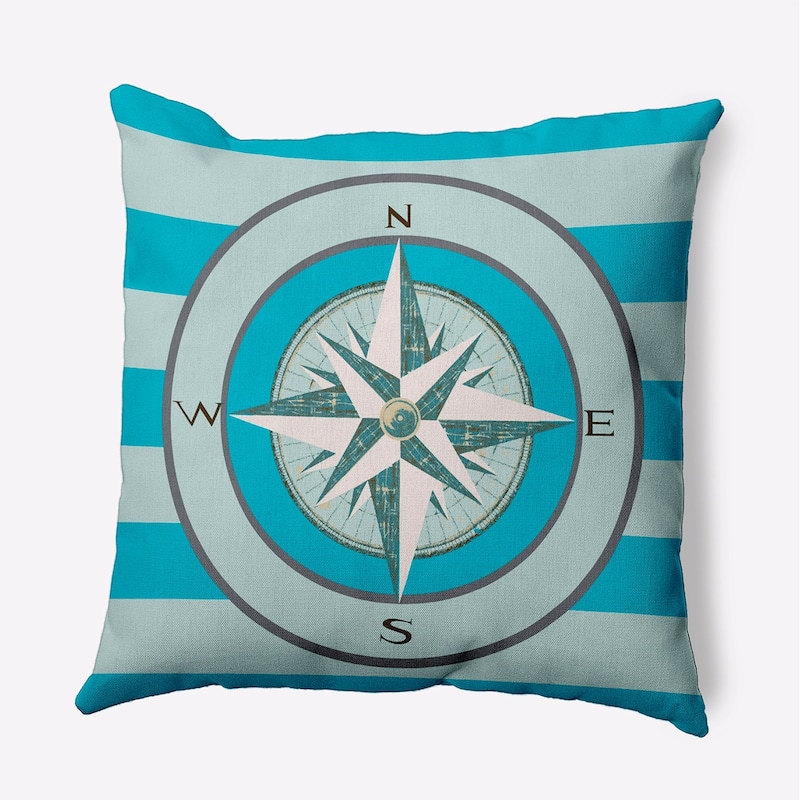 Compass on Stripes Indoor/Outdoor Throw Pillow - Carribbean Turquoise - 16" x 16"