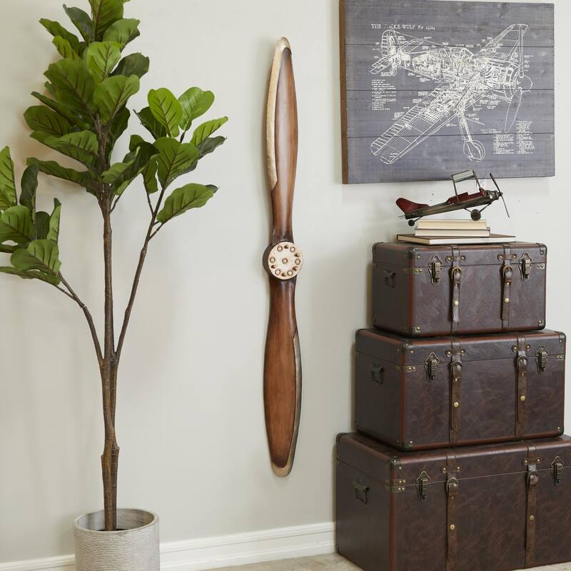 Metal Airplane Propeller Wood Inspired 2 Blade Home Wall Decor with Silver Aviation Detailing - Brown - Roche River Decor