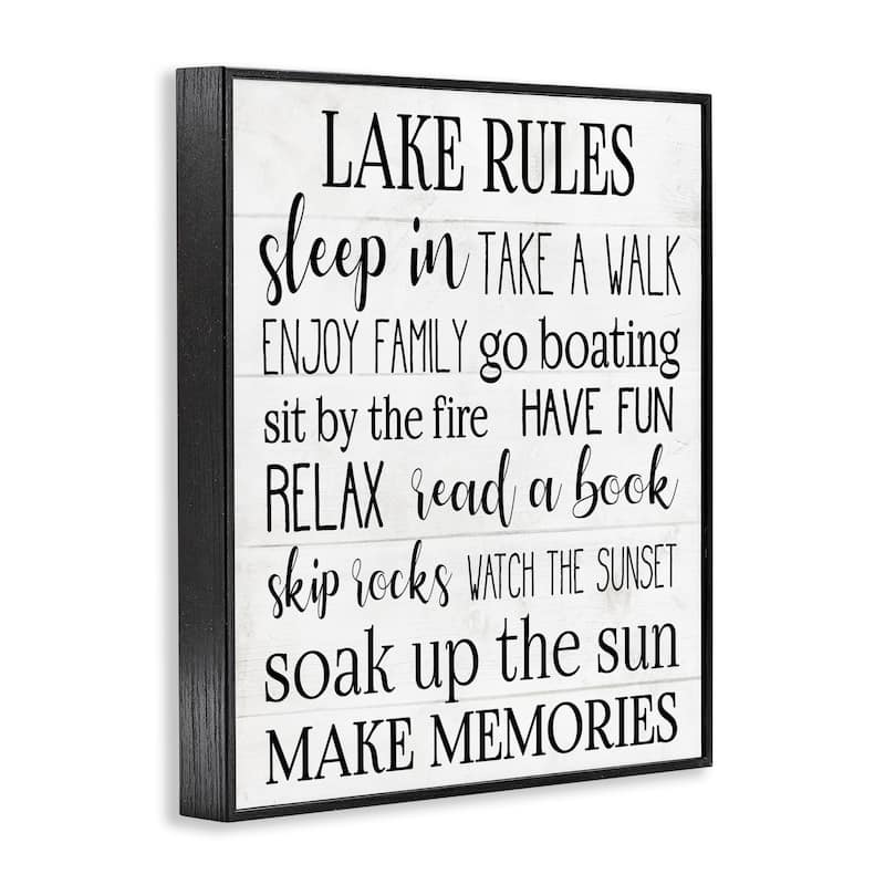 Stupell Motivational Lake Rules Sign Text Styles Black White Framed Giclee Texturized Art by Daphne Polselli