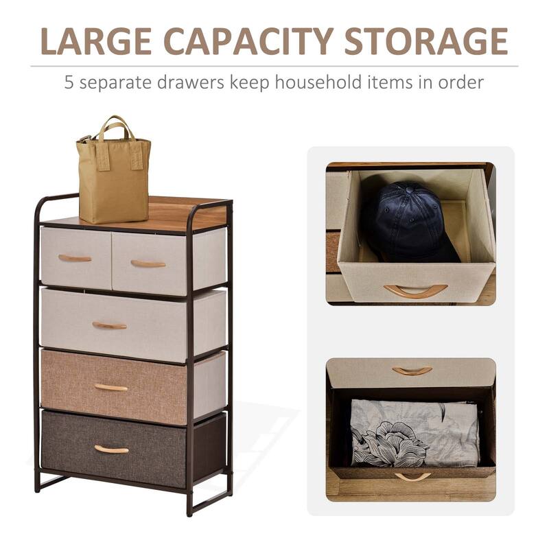 HOMCOM 5-Drawer Dresser Tower 4-Tier Storage Organizer with Steel Frame Wooden Top for Bedroom Hallway Closets