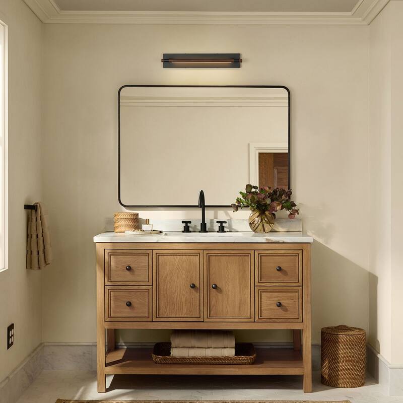 23.6" W Modern Rotatable Linear LED Dimmable Wall Sconce in Matte Black and Wood Grain Finish for Hallway or Bathroom