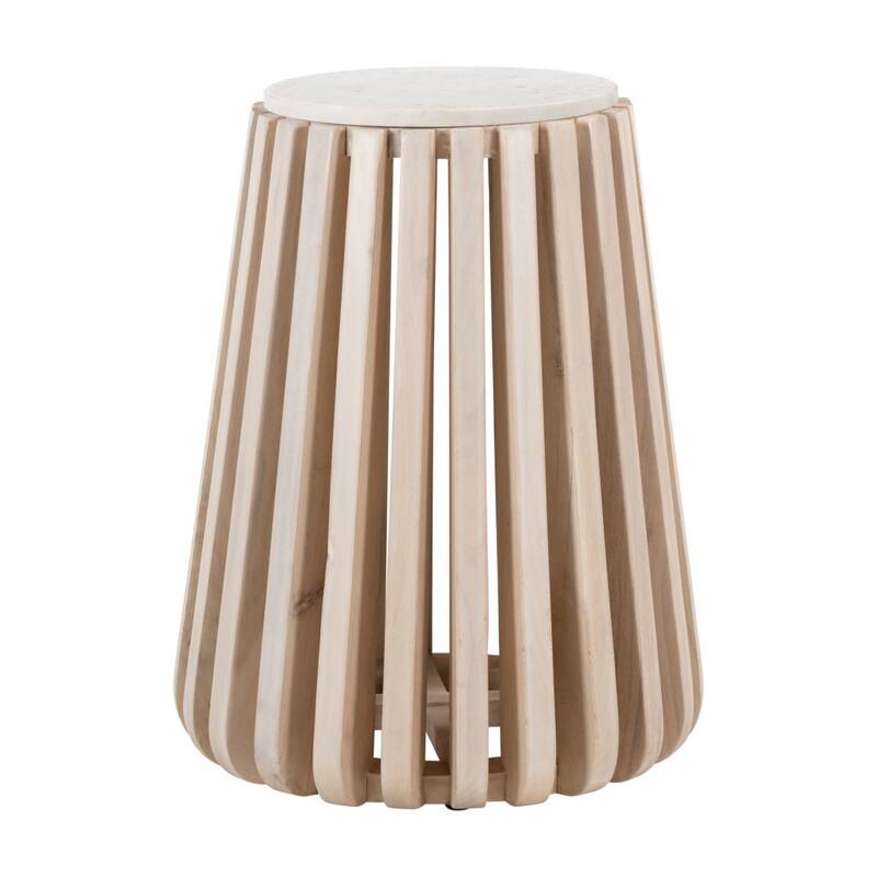 HomeRoots 23" White and Natural Distressed Marble and Wood Round Drum End Table - 15.00 in. x 22.80 in. x 19.00 in.