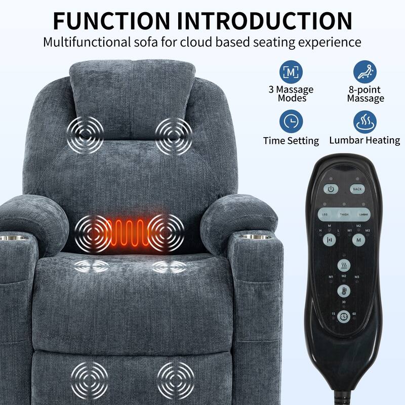 Chenille Power Lift Recliner Massage Chair: 8-Point Vibration Massage, Lumbar Heating, Dual USB Ports, Cup Holders