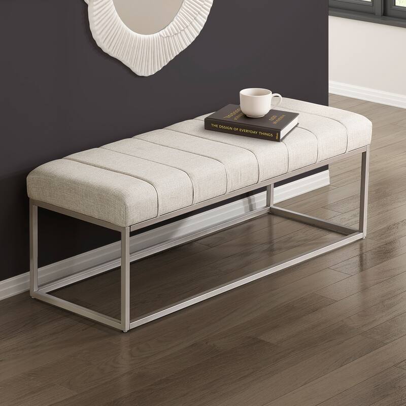 Savoy 48" Textured Fabric Bench - Champagne Finish Iron Metal Frame