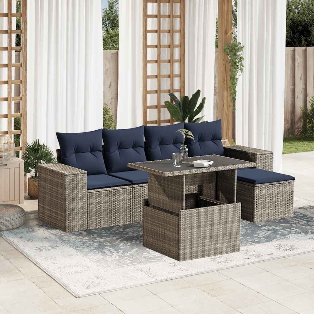 vidaXL Patio Sofa Set with Cushions Table and Couches 6 Piece Poly Rattan - 21.7 x 24.4 x 27.2