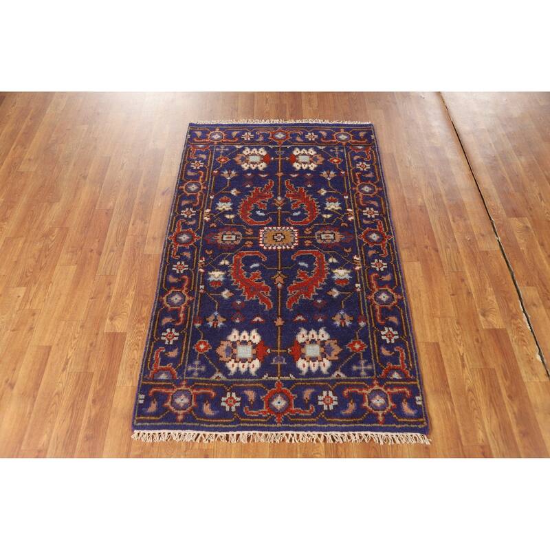 Hand Knotted Oriental 100% Wool Carpet Transitional Floral Navy Blue & Blues Oushak Area Rug - 5' 0'' X 3' 1''