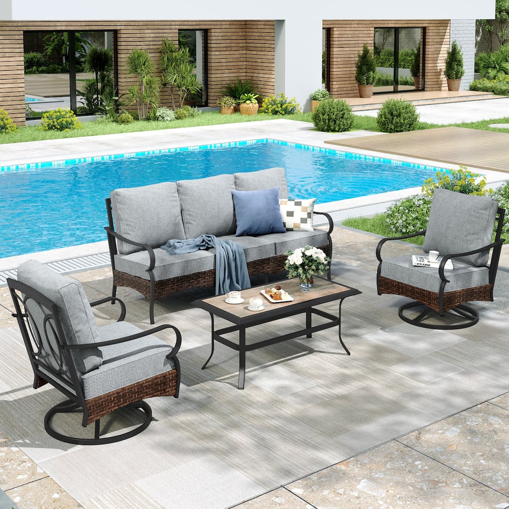 MAISON ARTS 4-Piece Rattan Wicker Patio Furniture Set with Swivel Chairs and Coffee Table for Outdoor Spaces