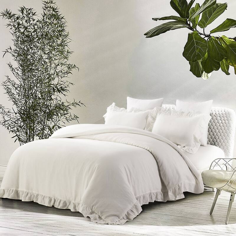 WHOLINENS Stone Washed French Linen Duvet Cover Set Ruffle Style