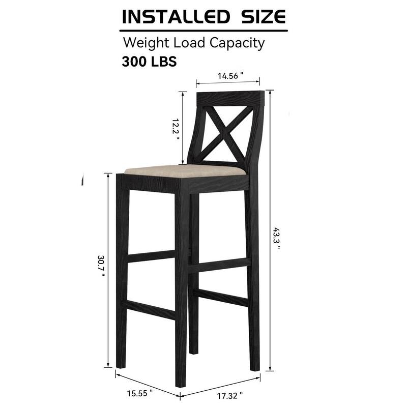 Set of 2 Wood Counter Height Bar Stool with Backrest and Footrest