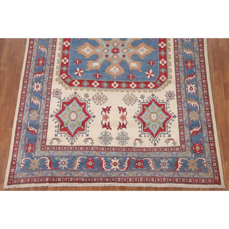 Hand Knotted Oriental 100% Wool Carpet Traditional Geometric Beige & Ivories Kazak Area Rug - 9' 11'' X 6' 8''