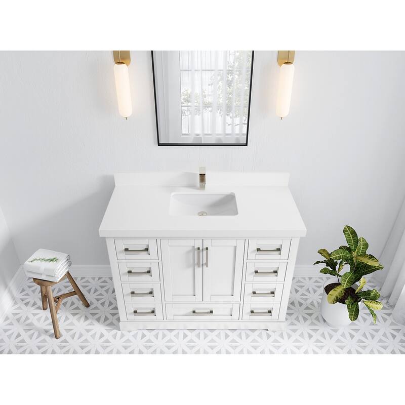 Willow Collection 48 in W x 22 in D x 36 in H Boston Single Bowl Sink Bathroom Vanity with Countertop - 2"White Quartz - White