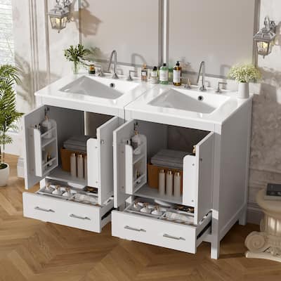 48" White Bathroom Vanity with Undermount Sink, Soft-Close Doors, Divided Drawer & Double Shelves – Stylish Storage Solution.