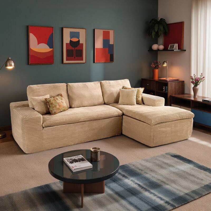 HOOOWOOO Upholstered Fabric Sectional Sofa Couch with Chaise - Corduroy-Beige