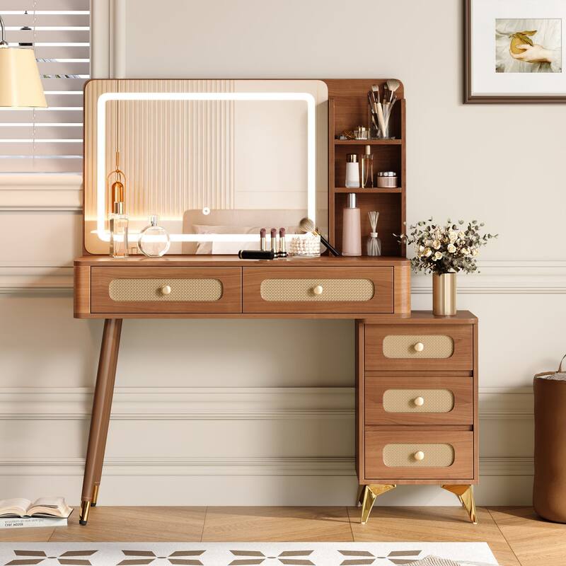 Makeup Vanity with Mirror & Lights, 3 Color Lighting Modes Adjustable Brightness, Dressing Table with 5 Drawers & Storage Shelf - Walnut