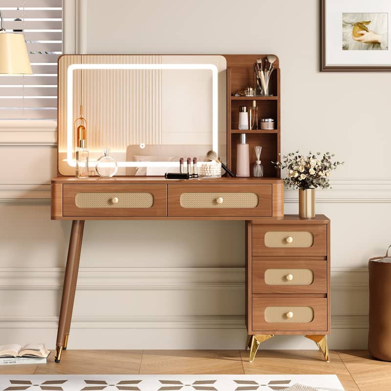 Retro Rattan Makeup Vanity Desk with 5 Drawers and Storage Shelf, Dressing Table with Rectangular Mirror and Touch Light - Walnut