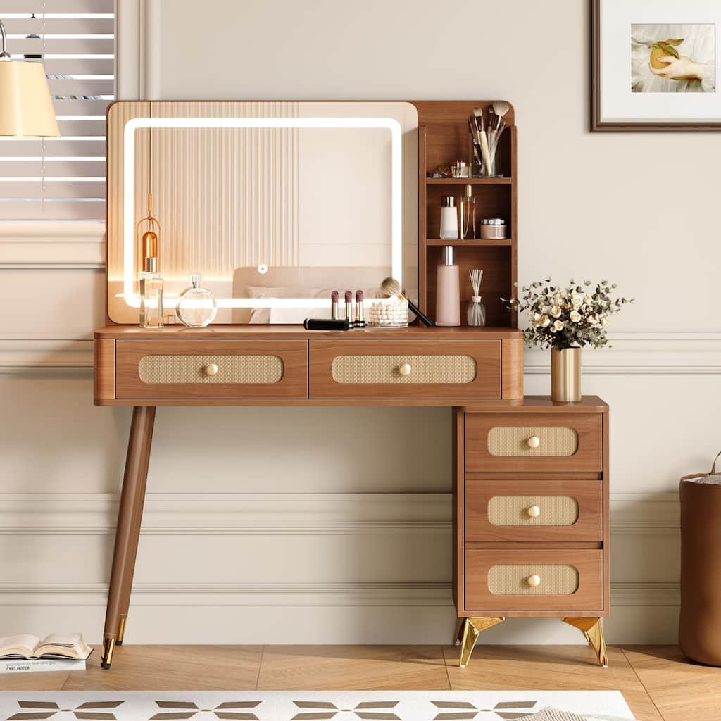 Retro Rattan Makeup Vanity Desk with 5 Drawers and Storage Shelf, Dressing Table with Rectangular Mirror and Touch Light