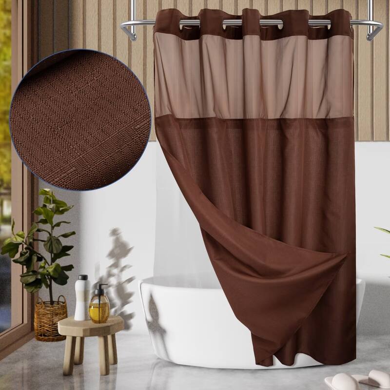 No Hook Slub Linen Texture Shower Curtain with PEVA Snap-in Liner - 71"W x 74"L - Chocolate