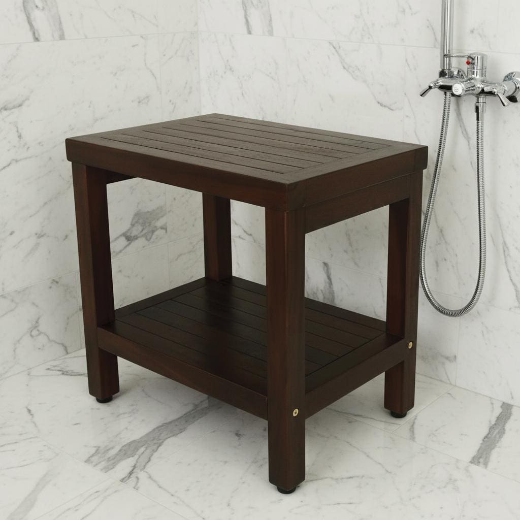 Compact Rectangular Teak Shower Or Outdoor Bench With Shelf In Brown Finish