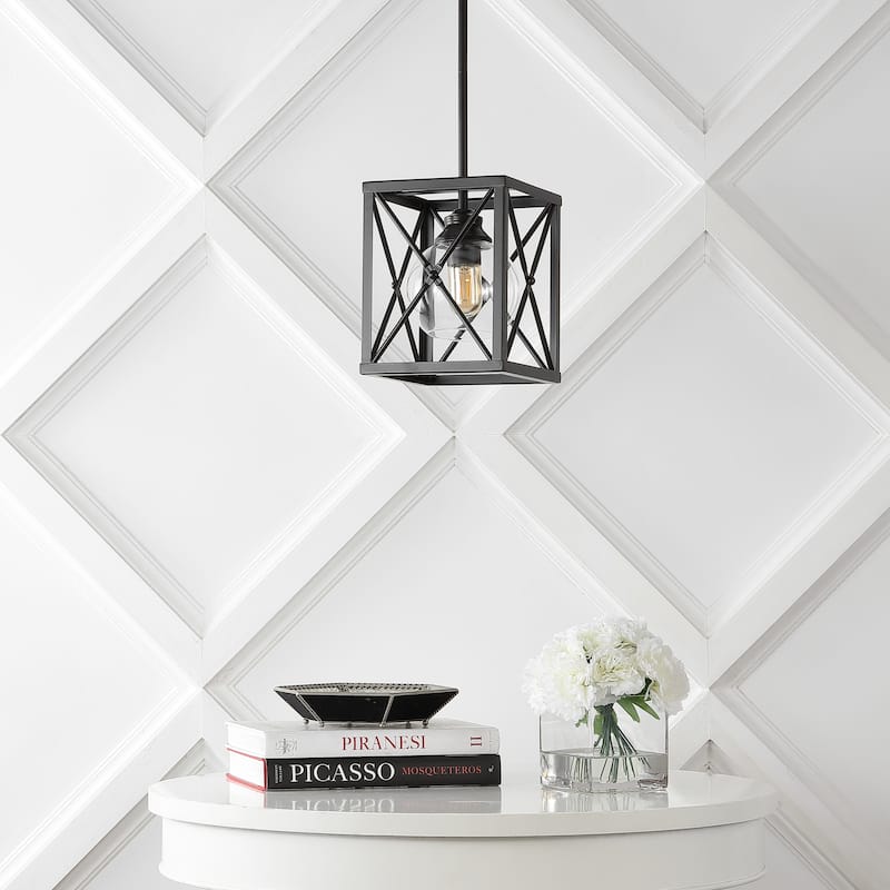 Quinn 8" 1-Light Industrial Farmhouse Iron/Glass LED Pendant, Oil Rubbed Bronze by JONATHAN Y - 1 Light