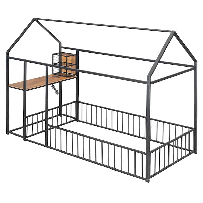 Montessori House Bed Playhouse Bed with Desk, Power Outlets