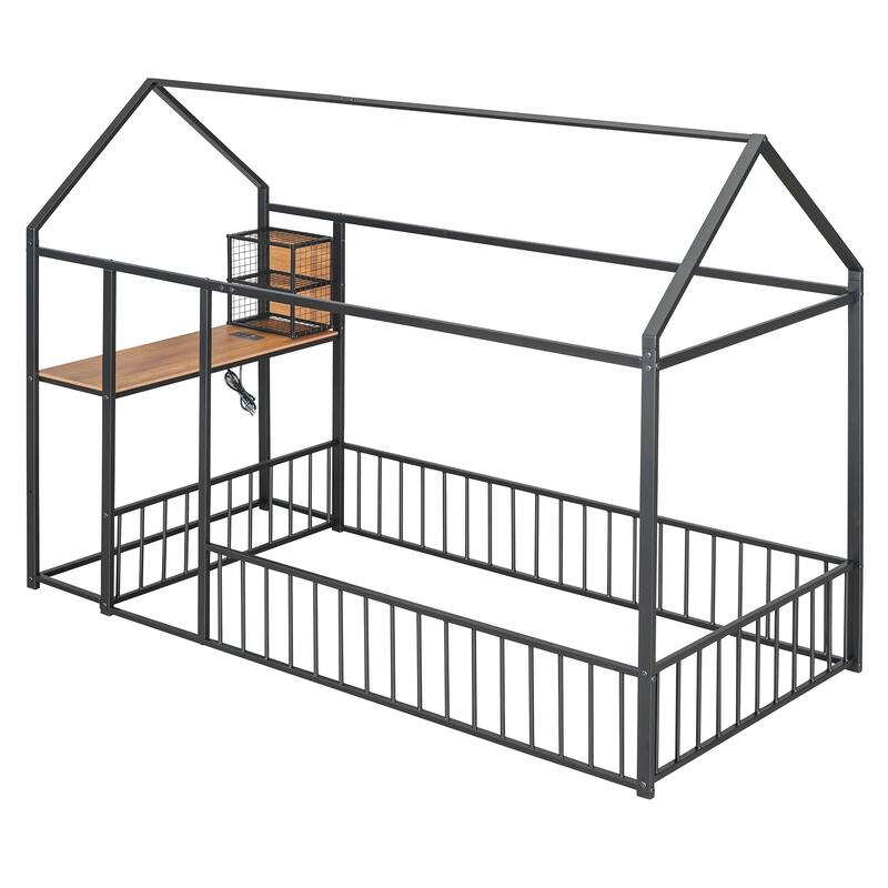 Twin Size Metal House Platform Bed Frame with Built-In Desk, USB Charging And Storage Shelves
