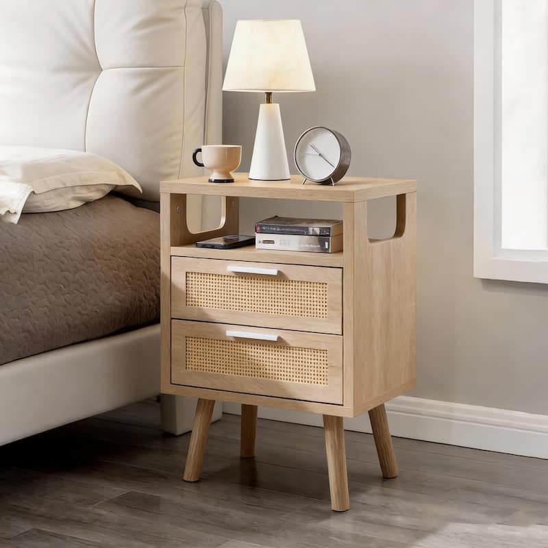 Set of 2 with 2 Drawers, 15.4" Modern Storage Bedside Table with Golden Metal Handles, Wooden End Table for Bedroom
