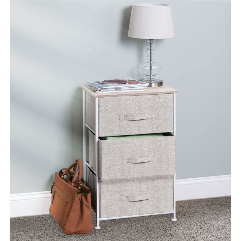 Steel Top and Frame Storage Dresser Tower Unit with 3 Removable Fabric Drawers