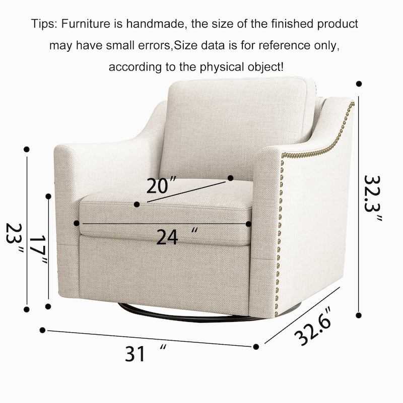 Oversized Swivel Accent Chair, Cotton Linen Fabric Upholstered Armchair, Single Sofa Chair with Brass Nailhead Trim