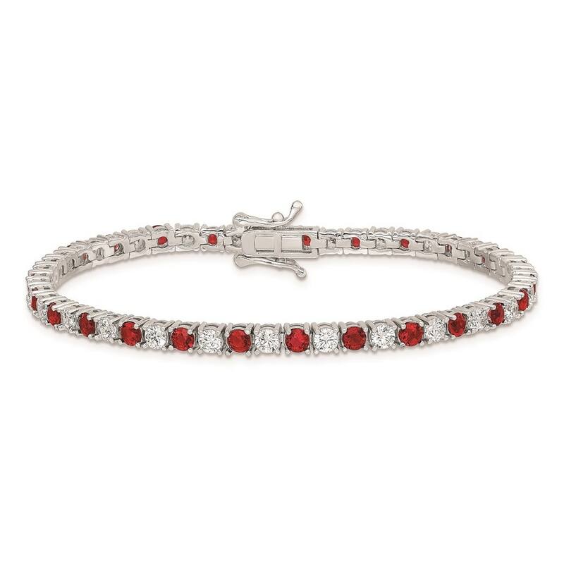 Curata 925 Sterling Silver Polished Safety bar Box Catch Closure Red and White CZ Cubic Zirconia Simulated Diamond Bracelet 7
