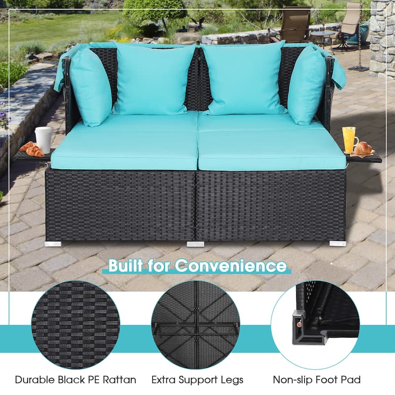 Patio Rattan Daybed Outdoor Loveseat Sofa Set with Retractable Canopy