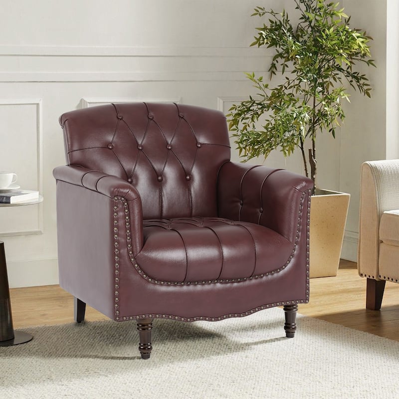 Traditional Faux Leather Tufted Accent Arm Chair with Nailhead Trim - 1-Piece - Dark Red