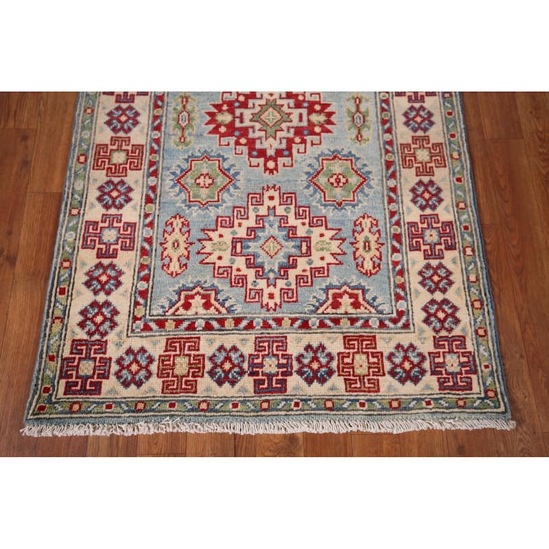 Light Blue Kazak Runner Rug Handmade Geometric Wool Carpet - 2'9" x 16'2"