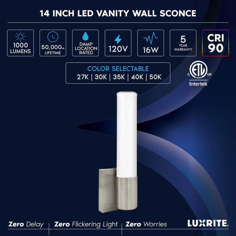 Luxrite 14" Modern LED Wall Sconces Set of Two, Brushed Nickel, Bathroom Vanity Light Fixtures, 5 Color Options...