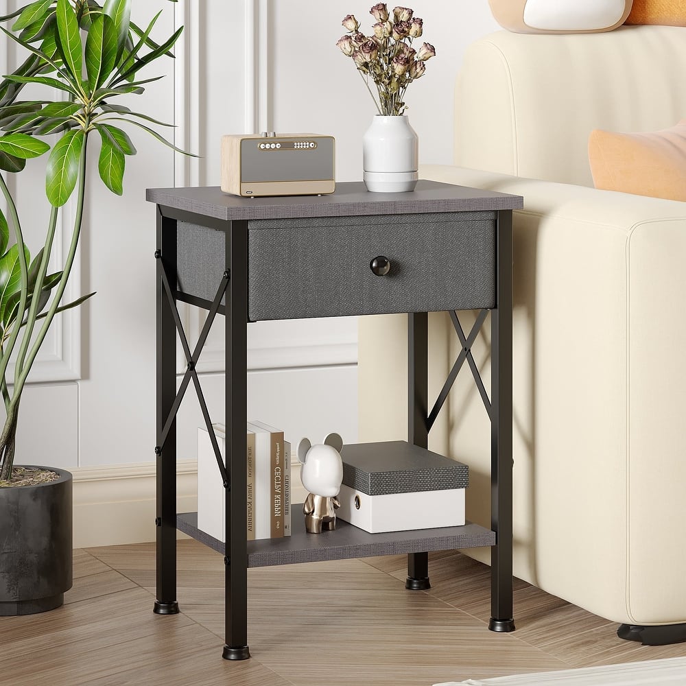 VECELO X Frame Nightstand with Removable Fabric Drawer Easy to Clean Nightstand Multifunctional End Table with Open Shelf